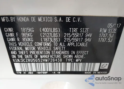 2017 Honda Hr-V Ex z USA, uszkodzony, nr VIN 3CZRU5G52HM726438